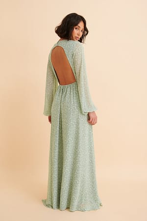 Green Flower Print Open Back Maxi Dress