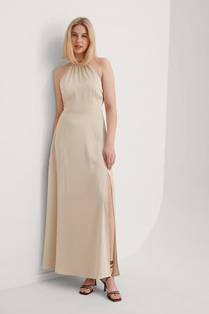 Beige Open Back Slit Maxi Dress