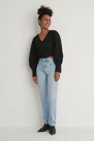 Black Overlap Cotton Blouse