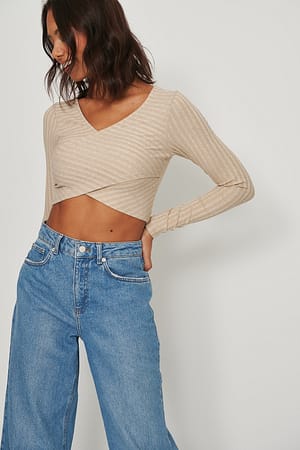 Beige Melange Overlap Front Detail Rib Top