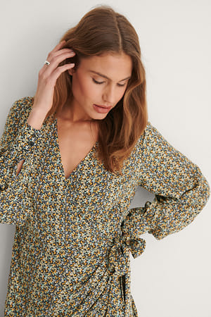 Grey/Yellow Overlap LS V-Neck Maxi Dress
