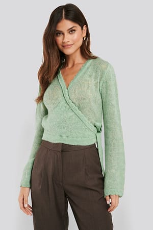 Pastel Green Overlap Rib Detail Knitted Sweater
