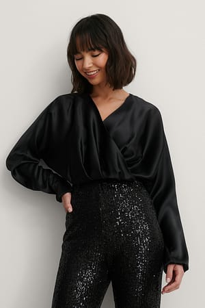 Black Overlap Satin Blouse