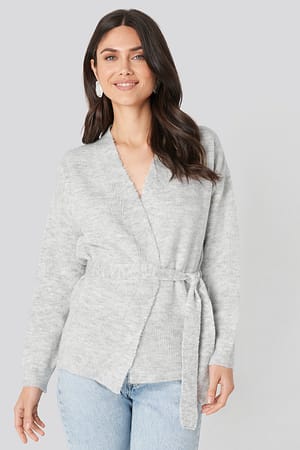 Grey Overlap Tied Waist Cardigan