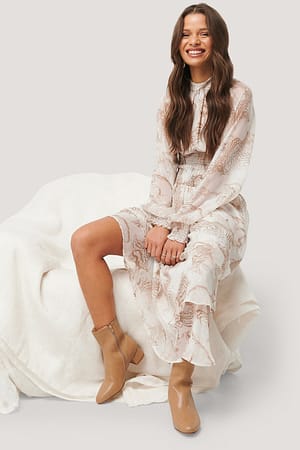 Beige Print Smocked Waist Midi Dress