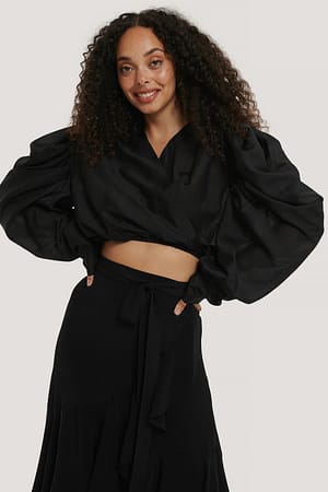 Black Wickelbluse Mit Gepolsterten Schultern