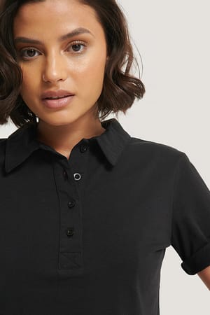 Black Pique Collar Buttoned Top
