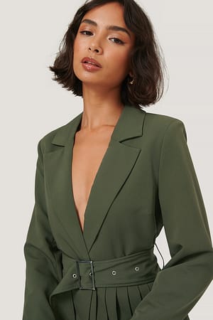 Dark Green Pleat Detail Belted Blazer