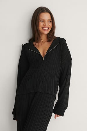 Black Pleated Zip Up Hoodie