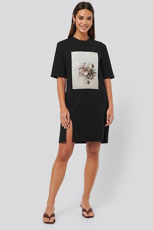 Black Printed Side Slit Tee Dress