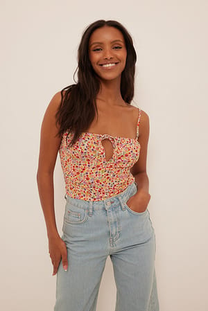 Red White Floral Printed Tie Front Top