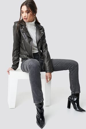 Washed Black Pu Leather Distressed Biker Jacket