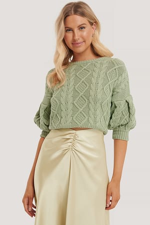 Green Puff Sleeve Cable Knitted Sweater