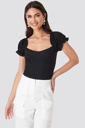 Deep Black Puff Sleeve Crepe Top