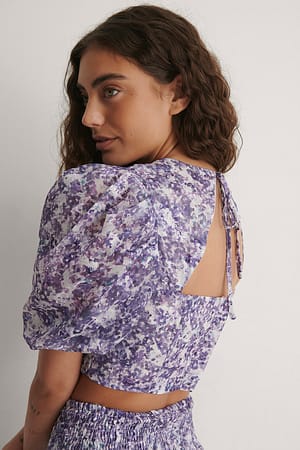 Blue Flower Croppad Topp Med Puffärmar