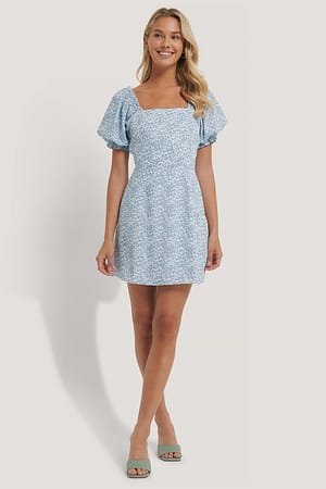 Blue Flower Flounce Puff Sleeve Dress