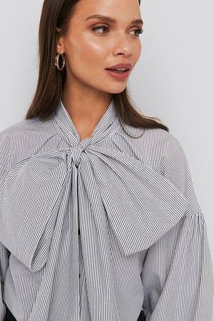 Black/White Stripe Puff Sleeve Pussy Bow Shirt