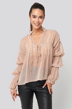 Light Pink Puffy Sleeve Draped Chiffon Blouse