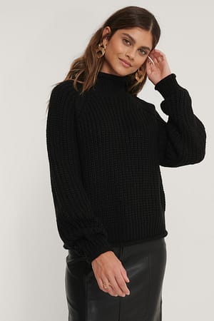 Black Raglan Sleeve High Neck Knitted Sweater