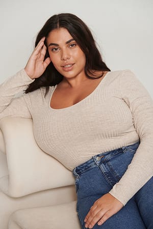 Beige Melange Recycled Deep Round Neck Rib Top