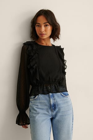 Black Recycelte Dobby-Bluse mit Rüschen