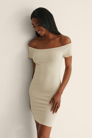 Beige Recycled Off sholder Ribbed Dress