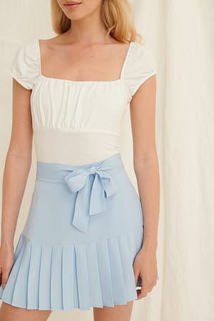 Dusty Blue Recycled Tie Detail Frill Mini Skirt