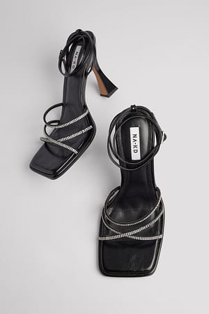 Black/Silver Strass hakkenschoenen met vierkante teen