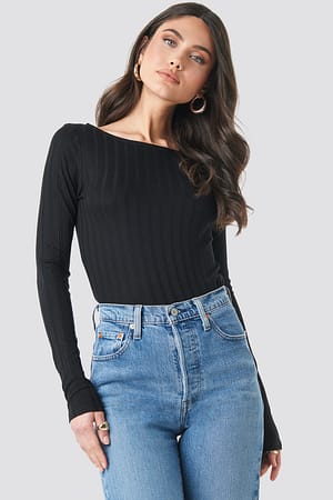 Black Rib Boat Neck Top