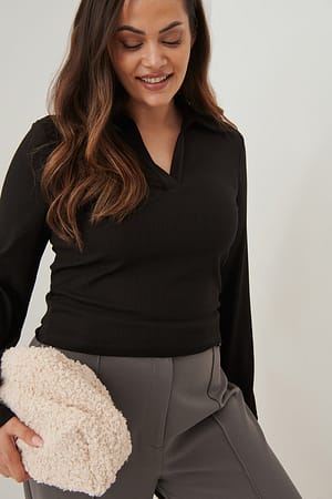 Black Rib Collar Detail Top