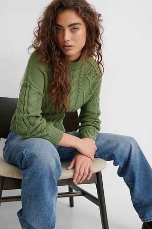 Khaki Organischer Strickpullover mit geripptem Detail