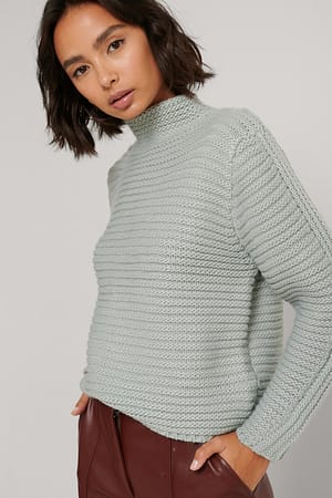 Dusty Blue Rib Panel Sleeve Sweater