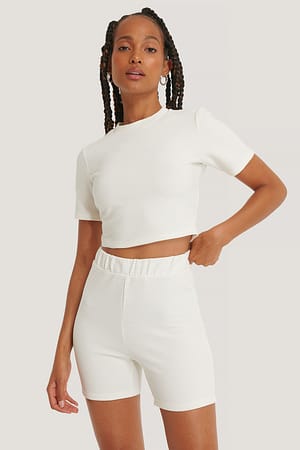 Offwhite Kort Ribbet T-Skjorte