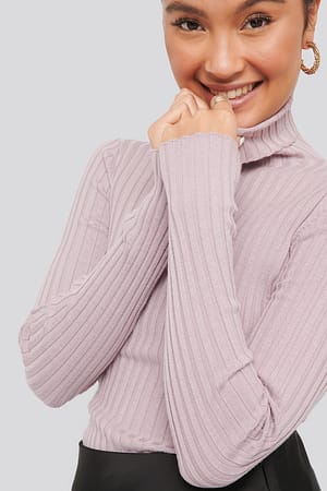 Dusty Lilac Ribbed Detail Knitted Polo Sweater