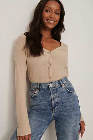 Beige Eng anliegender Ripp-Cardigan