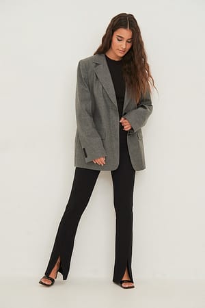 Black Ribbed Front Slit Detail Pants