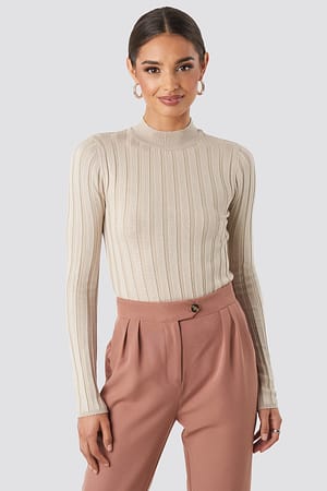 Beige Ribbed High Neck Knitted Sweater