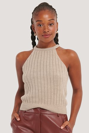 Light Beige Geripptes Strick-Singlet