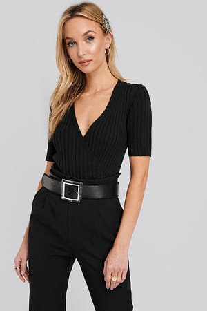 Black Ribbed Knitted Overlap Top