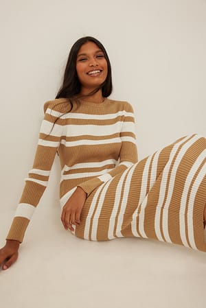 Beige/White Ribgebreide gestreepte jurk