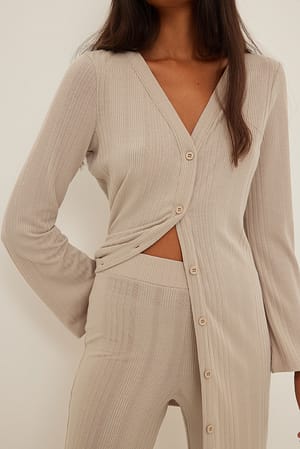 Beige Ribbed Long Cardigan