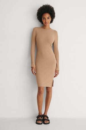 Beige Ribbed Long Sleeve Dress