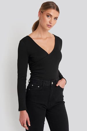 Black Ribbed Lurex Cross Over Bodysuit