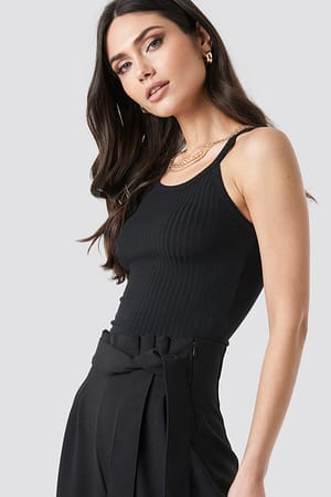 Black Ribbed Round Neck Singlet