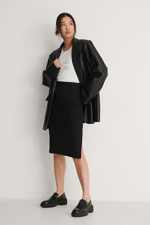 Black Ribbed Slit Detail Skirt