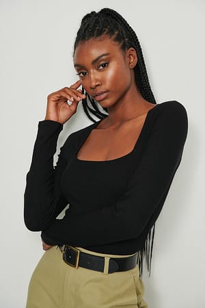 Black Ribbed Square Neck Detail Top