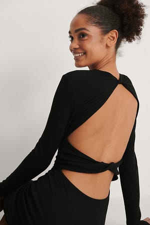 Black Ribbed Twist Detail Dress