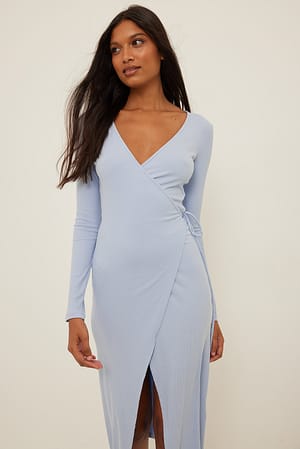 Light Blue Ribbed Wrap Midi Dress