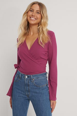 Dark Pink Ribbed Wrap Tie Top