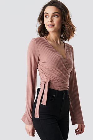 Dusty Dark Pink Ribbed Wrap Tie Top